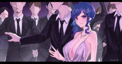 Rule 34 | 1girl, absurdres, azur lane, backless dress, backless outfit, bare shoulders, black neckwear, black pants, blue hair, breasts, cleavage, closed mouth, collared shirt, dress, earrings, enqiddo, evening gown, faceless, faceless male, facial hair, formal, glasses, grey dress, hair ornament, hairclip, halter dress, halterneck, highres, jewelry, large breasts, multiple boys, nail polish, necklace, necktie, pants, pen, plunging neckline, purple eyes, revealing clothes, shirt, side ponytail, sidelocks, silver dress, smile, st. louis (azur lane), st. louis (luxurious wheels) (azur lane), suit, white shirt, writing