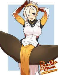 Rule 34 | 1girl, agawa ryou, artist name, bad id, bad tumblr id, blonde hair, blue eyes, blush, breasts, cameltoe, cleft of venus, fat mons, large breasts, lips, loincloth, long hair, looking at viewer, mercy (overwatch), overwatch, overwatch 1, pantyhose, pelvic curtain, pole, pole dancing, smile, solo, spread legs, staff, stripper pole, thick thighs, thighs, watermark, web address