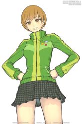 Rule 34 | 1girl, artist name, badge, black skirt, brown eyes, brown hair, button badge, gofelem, green jacket, hands on own hips, houndstooth, jacket, persona, persona 4, satonaka chie, shin megami tensei, short hair, simple background, skirt, smile, solo, standing, tagme, watermark, white background, zipper