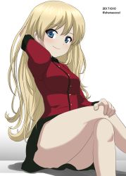Rule 34 | 10s, 1girl, alternate hairstyle, arm behind head, black skirt, blonde hair, blue eyes, closed mouth, commentary, crossed legs, darjeeling (girls und panzer), dated, epaulettes, girls und panzer, hair down, hand in own hair, hand on own knee, highres, jacket, legs, long hair, long sleeves, looking at viewer, military, military jacket, military uniform, miniskirt, one-hour drawing challenge, pleated skirt, red jacket, shadow, shiina excel, sitting, skirt, smile, solo, st. gloriana&#039;s military uniform, thighs, twitter username, uniform, white background