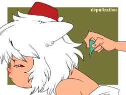 Rule 34 | 1girl, animal ears, english text, from side, hat, holding, inubashiri momiji, medicine, onikobe rin, profile, red eyes, short hair, solo focus, tokin hat, touhou, upper body, white hair, wolf ears