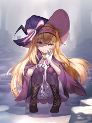 Rule 34 | 1girl, bandaid, black thighhighs, blonde hair, bloomers, boots, bow, brooch, cape, cross-laced footwear, fellatio gesture, full body, fuyouchu, gloves, hair between eyes, hat, hat bow, jewelry, lace-up boots, little witch nobeta, long hair, looking at viewer, nobeta, purple cape, red eyes, sleeveless, smile, solo, squatting, thighhighs, underwear, very long hair, white bloomers, white gloves, witch hat
