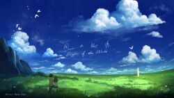 Rule 34 | artist name, bird, blue sky, cloud, commentary, cumulonimbus cloud, english commentary, english text, from behind, grass, highres, mountain, original, outdoors, people, rune xiao, scenery, sitting, sky, summer