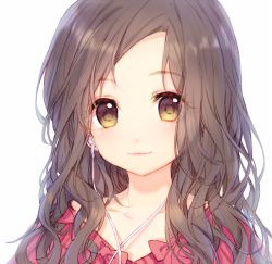 Rule 34 | 1girl, bad id, bad pixiv id, bow, brown hair, cable, closed eyes, collarbone, earphones, forehead, lips, long hair, looking at viewer, lowres, original, pf, pink bow, portrait, simple background, smile, solo, tareme, upper body, wavy hair, white background, yellow eyes