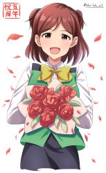 Rule 34 | :d, aoba misaki, artist name, black skirt, bouquet, bow, bowtie, brown eyes, brown hair, flower, green vest, highres, holding, holding bouquet, idolmaster, idolmaster million live!, long sleeves, looking at viewer, open mouth, petals, simple background, skirt, smile, standing, takatsuki p, two side up, vest, white background, yellow bow, yellow bowtie