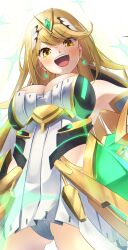 Rule 34 | 1girl, blonde hair, breasts, cleavage, earrings, female focus, forehead jewel, highres, jewelry, large breasts, light blush, long hair, looking at viewer, matching hair/eyes, mythra (xenoblade), nintendo, open mouth, ponfu y, solo, standing, swept bangs, teeth, tiara, tongue, upper teeth only, very long hair, white background, xenoblade chronicles (series), xenoblade chronicles 2, yellow eyes