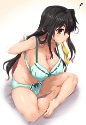 Rule 34 | 1girl, absurdres, arms behind back, barefoot, black hair, blush, bow, bow panties, bra, breasts, cleavage, collarbone, eighth note, full body, green bra, green panties, hair down, highres, indian style, kantai collection, large breasts, long hair, mouth hold, multicolored hair, musical note, naganami (kancolle), panties, pink hair, revision, ribbon, simple background, sitting, solo, two-tone hair, underwear, underwear only, unfastened, wavy hair, white background, yellow eyes, yellow ribbon, yoshi tama
