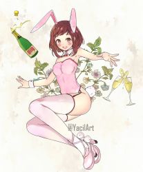Rule 34 | 1girl, alcohol, animal ears, bad id, bad twitter id, blush stickers, boku no hero academia, bottle, brown eyes, brown hair, champagne, champagne bottle, champagne glass, commentary, cuffs, cup, detached collar, english commentary, fake animal ears, flower, full body, high heels, highres, leaf, leotard, looking at viewer, medium hair, open mouth, pink footwear, pink leotard, playboy bunny, rabbit ears, rabbit tail, solo, tail, thighhighs, twitter username, uraraka ochako, white thighhighs, yacilart