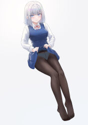Rule 34 | 1girl, black pantyhose, blue dress, blue eyes, blush, bob cut, breasts, closed mouth, clothes lift, collared shirt, commentary request, dress, dress lift, eyelashes, feet, full body, grey background, grey hair, highres, invisible chair, leaning back, legs, legs together, lifting own clothes, lim (ramu), long sleeves, medium breasts, medium hair, neck ribbon, original, panties, panties under pantyhose, pantyhose, pleated dress, red ribbon, ribbon, shirt, short dress, simple background, sitting, sleeveless, sleeveless dress, solo, toes, underwear, white shirt