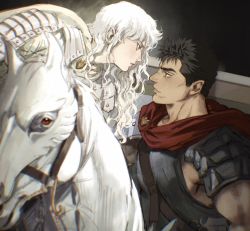 Rule 34 | 2boys, armor, armored animal, barding, berserk, black hair, blurry, cape, closed mouth, ctstudio (executional), depth of field, dragonslayer (sword), eye contact, face-to-face, griffith (berserk), guts (berserk), highres, horseback riding, leaning forward, leaning on person, long hair, looking at another, male focus, multiple boys, muscular, muscular male, pauldrons, profile, red cape, red eyes, riding, scar, scar on face, scar on nose, shoulder armor, sleeveless, sword, upper body, wavy hair, weapon, white cape, white hair