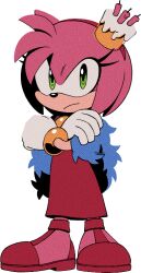 Rule 34 | 1girl, :/, amy rose, animal ears, animal nose, bare shoulders, bob cut, body fur, cake, candle, closed mouth, crossed arms, digimin, dress, ear covers, feather boa, female focus, food, food on head, full body, furry, furry female, gloves, green eyes, hairband, long dress, looking at viewer, non-web source, object on head, official art, pink fur, pink hair, red dress, red footwear, red hairband, shoes, short hair, sidelocks, sideways mouth, simple background, single ear cover, sleeveless, sleeveless dress, solo, sonic (series), standing, the murder of sonic the hedgehog, transparent background, white gloves