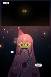 Rule 34 | 1girl, 2023, absurdres, bocchi the rock!, english text, facing viewer, fake facial hair, fake mustache, fireworks, glasses, gotoh hitori, happy new year, hat, highres, hinghoi, holding, holding fireworks, long hair, new year, pink hair, solo, speech bubble, star-shaped eyewear, star (symbol), upper body