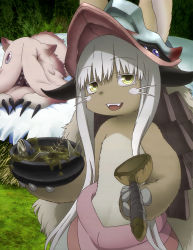 Rule 34 | 1girl, :d, absurdres, animal ears, body fur, day, ears through headwear, fangs, fish scales, furry, green eyes, hat, highres, holding, horns, long hair, made in abyss, mitty (made in abyss), multicolored eyes, nanachi (made in abyss), official art, open mouth, outdoors, pot, smile, spoon, standing, stew, topless, whiskers