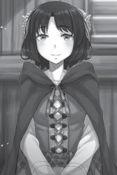 Rule 34 | 1girl, ayakura juu, cape, greyscale, hood, hood down, hooded, horns, ilena gisele, indoors, looking at viewer, monochrome, neck ribbon, novel illustration, official art, ribbon, sheep horns, short hair, smile, solo, spice and wolf, upper body
