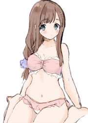 Rule 34 | 1girl, blush, breasts, brown hair, cleavage, closed mouth, full body, green eyes, hair ornament, hairclip, long hair, looking at viewer, navel, pirorr, simple background, solo, sophia esteed, star ocean, star ocean till the end of time, swimsuit, white background