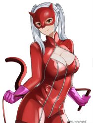 Rule 34 | 1girl, absurdres, animal ears, bodysuit, breasts, brown eyes, cat ears, cat tail, cleavage, closed mouth, cosplay, fire emblem, fire emblem awakening, gloves, highres, latex, latex bodysuit, mask, medium breasts, nintendo, persona, persona 5, pink gloves, red bodysuit, robin (female) (fire emblem), robin (fire emblem), simple background, skin tight, smile, solo, tail, takamaki anne, takamaki anne (cosplay), tommy (kingdukeee), twintails, twitter username, white background, white hair