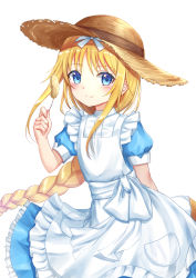 Rule 34 | 1girl, alice zuberg, apron, bad id, bad pixiv id, blonde hair, blue dress, blue eyes, blush, bow, braid, closed mouth, commentary request, dress, frilled apron, frilled dress, frills, hairband, hand up, hat, highres, holding, long hair, maid apron, puffy short sleeves, puffy sleeves, seungju lee, short sleeves, simple background, single braid, smile, solo, straw hat, sword art online, very long hair, white apron, white background, white bow, white hairband