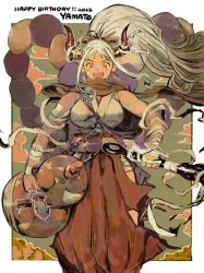 Rule 34 | 1girl, bare shoulders, breasts, curled horns, earrings, flask, green hair, hair ornament, hair stick, highres, horns, japanese clothes, jewelry, kimono, large breasts, long hair, looking at viewer, makenevemoiine, multicolored hair, multicolored horns, one piece, oni, red horns, rope, shimenawa, sleeveless, smile, solo, white hair, yamato (one piece)