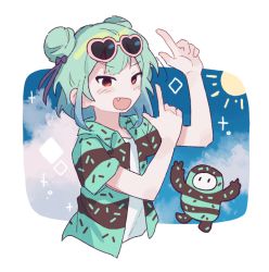 Rule 34 | 1girl, 1other, adan imas, arms up, bad id, bad pixiv id, black bow, blue sky, blush, border, bow, brown jacket, cloud, commentary, dot nose, double bun, excited, fall guy, fall guys, fang, green jacket, hair bow, hair bun, heart, heart-shaped eyewear, hololive, jacket, pointing, pointing up, red eyes, shirt, short hair, short hair with long locks, short sleeves, sky, sparkle, sun, undershirt, upper body, uruha rushia, virtual youtuber, white shirt