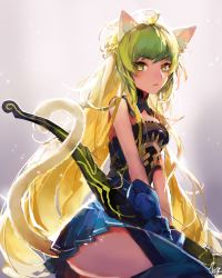 Rule 34 | 1girl, animal ears, ass, atalanta (fate), blonde hair, blue thighhighs, bow, bow (weapon), breasts, cat ears, cat tail, fate/apocrypha, fate/grand order, fate (series), green eyes, green hair, hg (pixiv16108795), holding, holding weapon, long hair, looking at viewer, matching hair/eyes, multicolored hair, parted lips, pleated skirt, sitting, skirt, sleeveless, solo, tail, thighhighs, two-tone hair, weapon