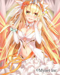 Rule 34 | + +, 1girl, bare arms, blonde hair, breasts, bridal gauntlets, cleavage, detached collar, dress, falkyrie no monshou, food, food on face, fork, gloves, hand to own mouth, large breasts, long hair, looking at viewer, navel, official art, orange eyes, solo, takanashie, two side up, valkyrie no monshou, veil, very long hair, white gloves, wings