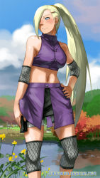 Rule 34 | 1girl, blonde hair, blue eyes, breasts, earrings, female focus, fishnets, hair ornament, hair over one eye, hairclip, hand on own hip, hip focus, jewelry, long hair, midriff, naruto, naruto (series), nature, navel, outdoors, plant, ponytail, shuriken (artist), sky, solo, standing, water, yamanaka ino
