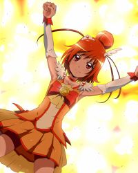 Rule 34 | 10s, 1girl, arms up, cure sunny, explosion, eyelashes, fiery background, fire, hino akane (smile precure!), magical girl, orange hair, orange skirt, orange theme, precure, red eyes, red shorts, short hair, shorts, shorts under skirt, skirt, smile precure!, solo, tj-type1