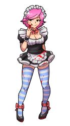 Rule 34 | 1girl, :q, akairiot, alternate costume, animal crossing, bad id, bad tumblr id, blood, blood on clothes, blood on face, blood on hands, breasts, cleavage, enmaided, eyeliner, full body, highres, maid, makeup, nintendo, pink hair, red eyes, solo, striped clothes, striped thighhighs, super smash bros., thighhighs, tongue, tongue out, transparent background, villager (animal crossing), yandere, zettai ryouiki
