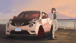 Rule 34 | 1girl, brown hair, car, closed mouth, commentary request, green shirt, grey jacket, grey pants, highres, jacket, license plate, long hair, long sleeves, looking at viewer, momo hiki, motor vehicle, mountain, nissan, nissan juke, open clothes, open jacket, original, outdoors, pants, personification, shirt, smile, solo, sports utility vehicle, standing, vehicle focus