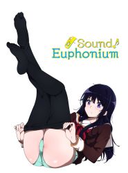 Rule 34 | 1girl, ass, black pantyhose, blush, brown shirt, closed mouth, clothes pull, copyright name, eighth note, green panties, hibike! euphonium, highres, kousaka reina, legs up, long hair, long sleeves, lying, musical note, neckerchief, no shoes, on back, panties, pantyhose, pantyhose pull, purple eyes, purple hair, red neckerchief, sailor collar, sbel02, school uniform, serafuku, shirt, simple background, solo, transparent background, underwear, undressing, white sailor collar