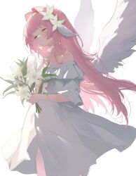 Rule 34 | 1girl, absurdres, bare shoulders, blush, closed eyes, closed mouth, dress, feathered wings, flower, hair flower, hair ornament, highres, holding, holding flower, long hair, miya takanashi, off-shoulder dress, off shoulder, original, pink hair, simple background, solo, very long hair, white background, white dress, white flower, white wings, wings