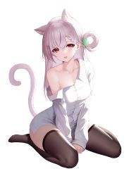 Rule 34 | 1girl, an yasuri, animal ear fluff, animal ears, arm support, banned artist, bare shoulders, blush, braid, breasts, brown thighhighs, cat ears, cat girl, cat tail, collarbone, gluteal fold, hair between eyes, hair ornament, hairclip, highres, light purple hair, long hair, long sleeves, looking at viewer, medium breasts, mole, mole under eye, multicolored hair, off shoulder, open mouth, original, red eyes, red hair, seiza, shirt, simple background, sitting, smile, solo, tail, tail raised, thighhighs, toes, white background, white shirt
