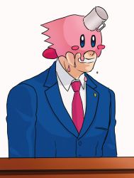 Rule 34 | 1boy, ace attorney, blue eyes, blue jacket, blush stickers, coffee mug, collared shirt, covered eyes, cup, derivative work, dripping, formal, highres, jacket, kirby, kirby (series), kirby and the forgotten land, male focus, meme, mouthful mode, mug, necktie, nintendo, nuzk zk, phoenix wright, phoenix wright: ace attorney - trials and tribulations, red necktie, shirt, simple background, white background, white shirt