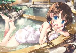Rule 34 | 1girl, :d, absurdres, ass, barefoot, blue eyes, blush, breasts, brown hair, cleavage, day, feet, fujima takuya, hair between eyes, hair ornament, highres, ikaho hana, long hair, looking at viewer, lying, medium breasts, naked towel, on stomach, onsen, onsen musume, open mouth, outdoors, sideboob, smile, soles, solo, toes, towel, twintails, wet