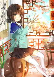 Rule 34 | 1girl, architecture, arm support, black footwear, blue vest, blush, branch, brown hair, brown skirt, buttons, capelet, cup, double bun, east asian architecture, fei miao, flower, full body, hair bun, hair tubes, hanging scroll, highres, holding, indoors, lantern, long sleeves, looking at viewer, open mouth, paintbrush, paper lantern, petals, pleated skirt, scroll, shoes, sidelocks, sitting, skirt, solo, stool, teacup, teapot, thighhighs, tree, vase, vest, warship girls r, white thighhighs, yellow eyes, ying swei (warship girls r), zettai ryouiki