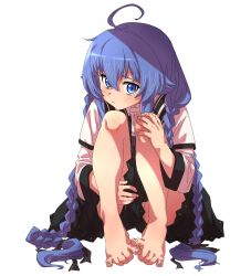 1girl ahoge barefoot black_skirt blue_eyes blue_hair blush braid full_body highres jacket long_hair looking_at_viewer mushoku_tensei panties panty_peek roxy_migurdia simple_background sitting skirt solo syasyajin toes twin_braids underwear very_long_hair white_background white_panties