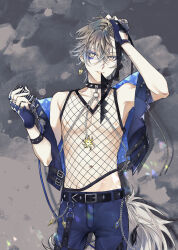 Rule 34 | 1boy, bare shoulders, belt, black belt, black nails, blue eyes, blue gloves, blue jacket, blue pants, chain, chain necklace, collar, cowboy shot, earrings, eyeshadow, fingerless gloves, fishnet top, fishnets, gloves, green eyes, hair between eyes, hand in own hair, highres, holding, holding microphone, hoop earrings, ike eveland, jacket, jewelry, looking at viewer, maerc e c i, makeup, male focus, microphone, multicolored eyes, multiple rings, necklace, nijisanji, nijisanji en, open clothes, open jacket, pants, ring, smile, solo, spiked collar, spikes, virtual youtuber