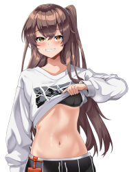 Rule 34 | 1girl, absurdres, black bra, bra, bra peek, brown hair, clothes lift, crop top, drawstring, girls&#039; frontline, grin, highres, hoppo, lifting own clothes, long hair, long sleeves, looking at viewer, midriff, navel, official alternate costume, one side up, orange eyes, scar, scar across eye, shirt, shirt lift, simple background, smile, solo, stomach, ump45 (corona sunset) (girls&#039; frontline), ump45 (girls&#039; frontline), underwear, upper body, white background, white shirt