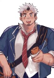 Rule 34 | 1boy, akiha gongen (housamo), bag, bandaid, bandaid on face, bandaid on nose, bara, black horns, blue jacket, bread, brown eyes, collared shirt, commentary, dark-skinned male, dark skin, diagonal-striped clothes, diagonal-striped necktie, facial hair, facial scar, food, goatee, highres, holding, holding food, horns, jacket, lapels, looking at viewer, male focus, multicolored hair, muscular, muscular male, necktie, notched lapels, open mouth, red necktie, scar, scar across eye, scar on arm, scar on cheek, scar on face, school uniform, shirt, short hair, shoulder bag, sideburns, simple background, single horn, smile, solo, sonikinme, striped clothes, teeth, thick eyebrows, tokyo houkago summoners, two-tone hair, upper body, upper teeth only, white background, white hair, white shirt