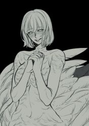 Rule 34 | 1girl, blush, bob cut, body fur, breasts, chimera, completely nude, dungeon meshi, falin touden, falin touden (chimera), feathered wings, hands up, highres, interlocked fingers, korean commentary, large breasts, looking at viewer, monster girl, nude, own hands together, parted lips, rmflarp eks, short hair, simple background, smile, solo, spoilers, upper body, wings