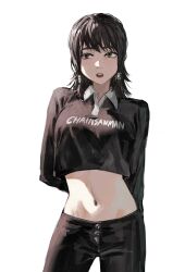 Rule 34 | 1girl, arm behind back, arms behind back, averting eyes, black hair, black pants, black shirt, breasts, chainsaw man, collared shirt, commentary, contrapposto, cowboy shot, crop top, cropped shirt, expressionless, facing viewer, grey eyes, groin, highres, legs apart, long sleeves, lowleg, lowleg pants, medium breasts, medium hair, midriff, mifune fumiko, navel, nose, nostrils, open mouth, pants, raberu ruru, shirt, simple background, solo, stomach, tsurime, upper body, white background