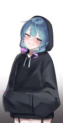 Rule 34 | 1girl, :d, black hoodie, blue hair, blush, cowboy shot, drawstring, garter straps, gradient hair, grin, hands in pockets, hatsune miku, head tilt, highres, hood, hood up, hoodie, long sleeves, looking at viewer, multicolored hair, no pants, nyxview, open mouth, pink hair, rabbit hole (vocaloid), signature, simple background, smile, solo, teeth, vocaloid, white background