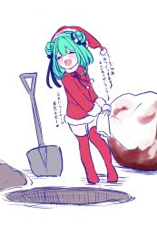 Rule 34 | 1girl, alternate costume, bag, blush, boots, closed eyes, commentary request, double bun, fang, full body, green eyes, green hair, hair bun, hat, highres, hololive, open mouth, santa hat, shovel, smile, solo, thigh boots, thighhighs, translation request, uruha rushia, virtual youtuber, white background, yorumikan