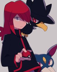 Rule 34 | 1boy, bird, black jacket, closed mouth, commentary request, creatures (company), game freak, gen 2 pokemon, grey background, grey eyes, hair over one eye, highres, holding, holding poke ball, jacket, long hair, long sleeves, male focus, murkrow, nintendo, on shoulder, poke ball, poke ball (basic), pokemon, pokemon (creature), pokemon adventures, pokemon on shoulder, red hair, silver (pokemon), simple background, sneasel, tyako 089