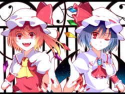 Rule 34 | 2girls, ;), alternate wings, aru16, ascot, bat wings, blonde hair, blue brooch, blue hair, brooch, closed mouth, collared shirt, crystal, fangs, fingernails, flandre scarlet, frilled shirt collar, frills, hat, hat ribbon, highres, jewelry, long fingernails, looking at viewer, medium hair, mob cap, multicolored wings, multiple girls, nail polish, one eye closed, one side up, open mouth, pink shirt, puffy short sleeves, puffy sleeves, red ascot, red eyes, red nails, red ribbon, red vest, remilia scarlet, ribbon, shirt, short hair, short sleeves, smile, teeth, touhou, upper body, upper teeth only, vest, white headwear, white shirt, wings, wrist cuffs, yellow ascot