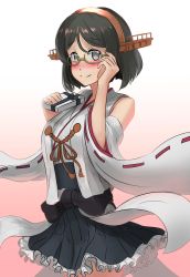 Rule 34 | 10s, 1girl, ao iro, bare shoulders, black hair, black skirt, blush, box, detached sleeves, gift, gift box, glasses, gradient background, green-framed eyewear, grey eyes, hairband, headgear, highres, holding, holding gift, japanese clothes, kantai collection, kirishima (kancolle), nontraditional miko, pink background, ribbon-trimmed sleeves, ribbon trim, short hair, skirt, smile, solo, valentine, wide sleeves