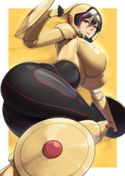 Rule 34 | 1girl, ass, big hero 6, black bodysuit, black hair, bodysuit, breasts, commission, gogo tomago, helmet, highres, large breasts, looking at viewer, looking down, multicolored hair, packge, purple eyes, purple hair, shield, smile, solo, thick thighs, thighs, two-tone hair