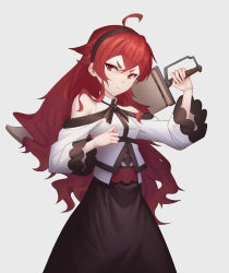 Rule 34 | 1girl, absurdres, ahoge, bare shoulders, black hairband, closed mouth, eris greyrat, fingernails, frown, gradient background, grey background, hair between eyes, hairband, highres, holding, holding sword, holding weapon, koloblock, long hair, mushoku tensei, over shoulder, red eyes, red hair, sheath, sheathed, solo, sword, weapon, weapon over shoulder