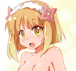 Rule 34 | 1girl, blonde hair, blush, breasts, endro!, fai fai, large breasts, lowres, open mouth, out-of-frame censoring, shishinon, smile, solo, topless frame, upper body, yellow eyes