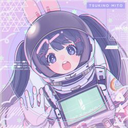 Rule 34 | 1girl, absurdres, astronaut, black hair, blue eyes, character name, hair ornament, helmet, highres, long hair, looking at viewer, nijisanji, open mouth, puka (hirosikaku), solo, space helmet, teeth, tsukino mito, tsukino mito (16th costume), twintails, upper teeth only, virtual youtuber, x hair ornament